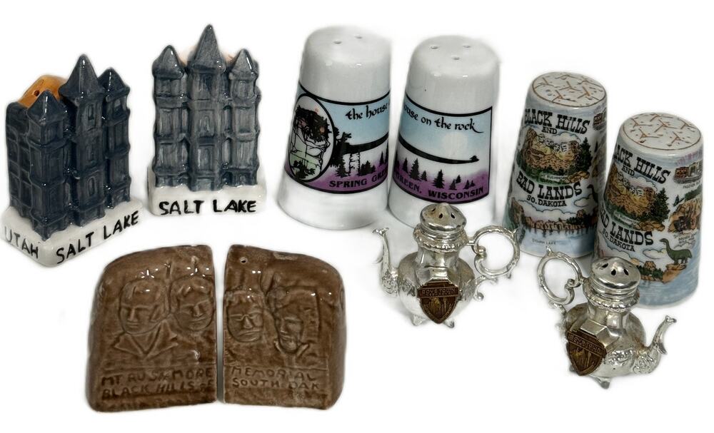 Lot 5 Vintage Salt Pepper Shakers Boys Town Silver TeaPot SD UT WI Mt Rushmore